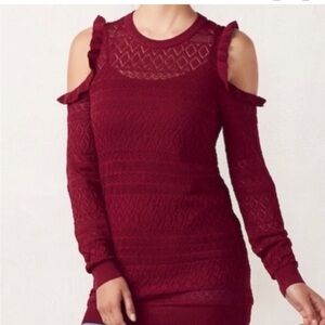 LC Lauren Conrad Maroon See Through Ruffled Cold Shoulder Sweater Tunic Top